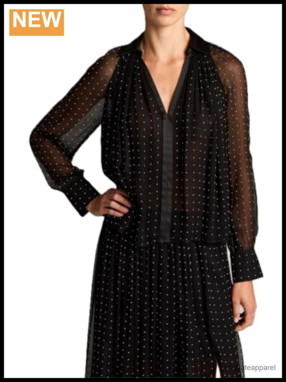 Vince Sheer Gathered Blouse V-Neck Long Sleeve Raised Polka Dot